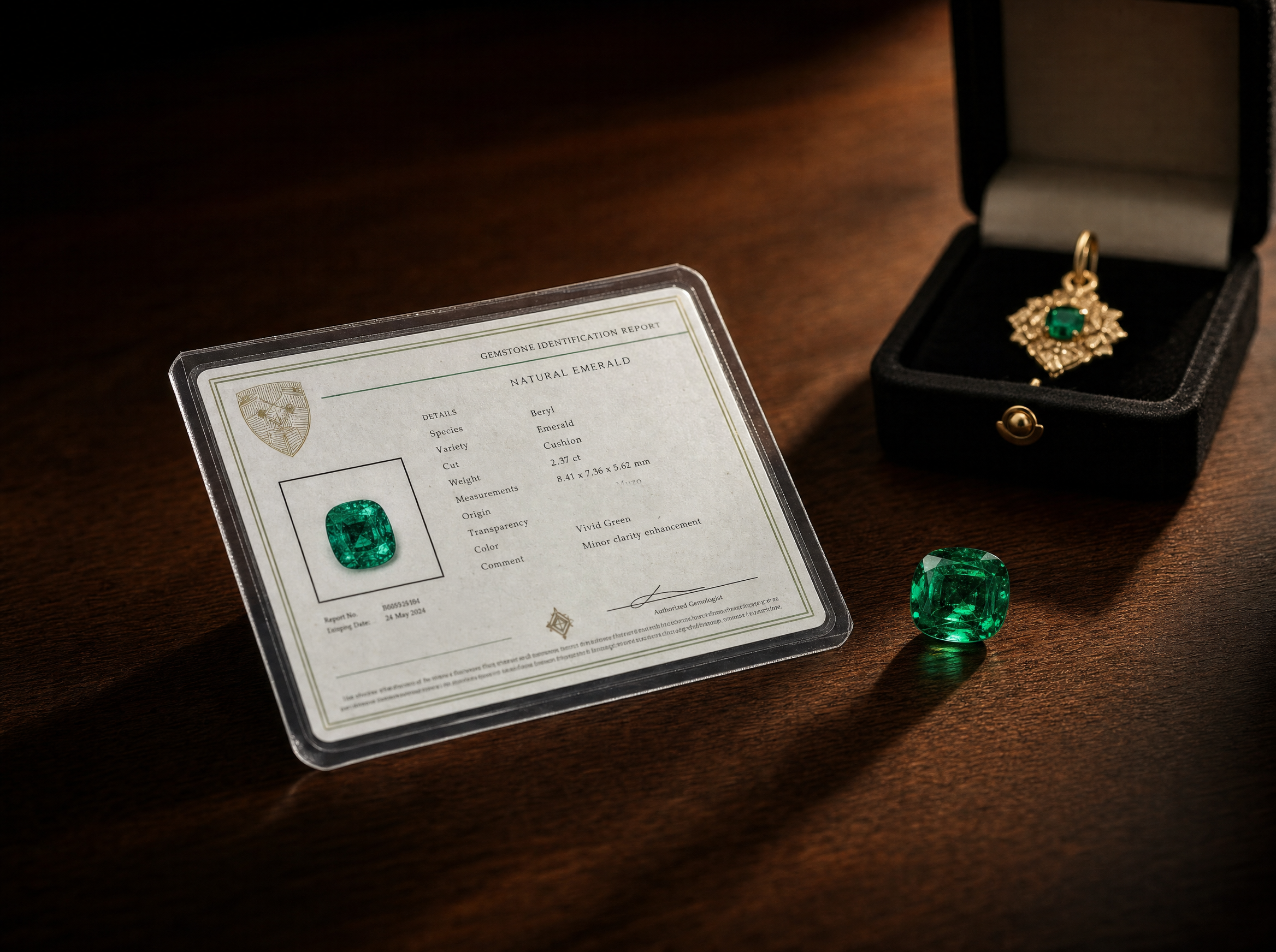 Certificado oficial de la esmeralda colombiana, junto a la piedra suelta y la pieza terminada en oro 18k