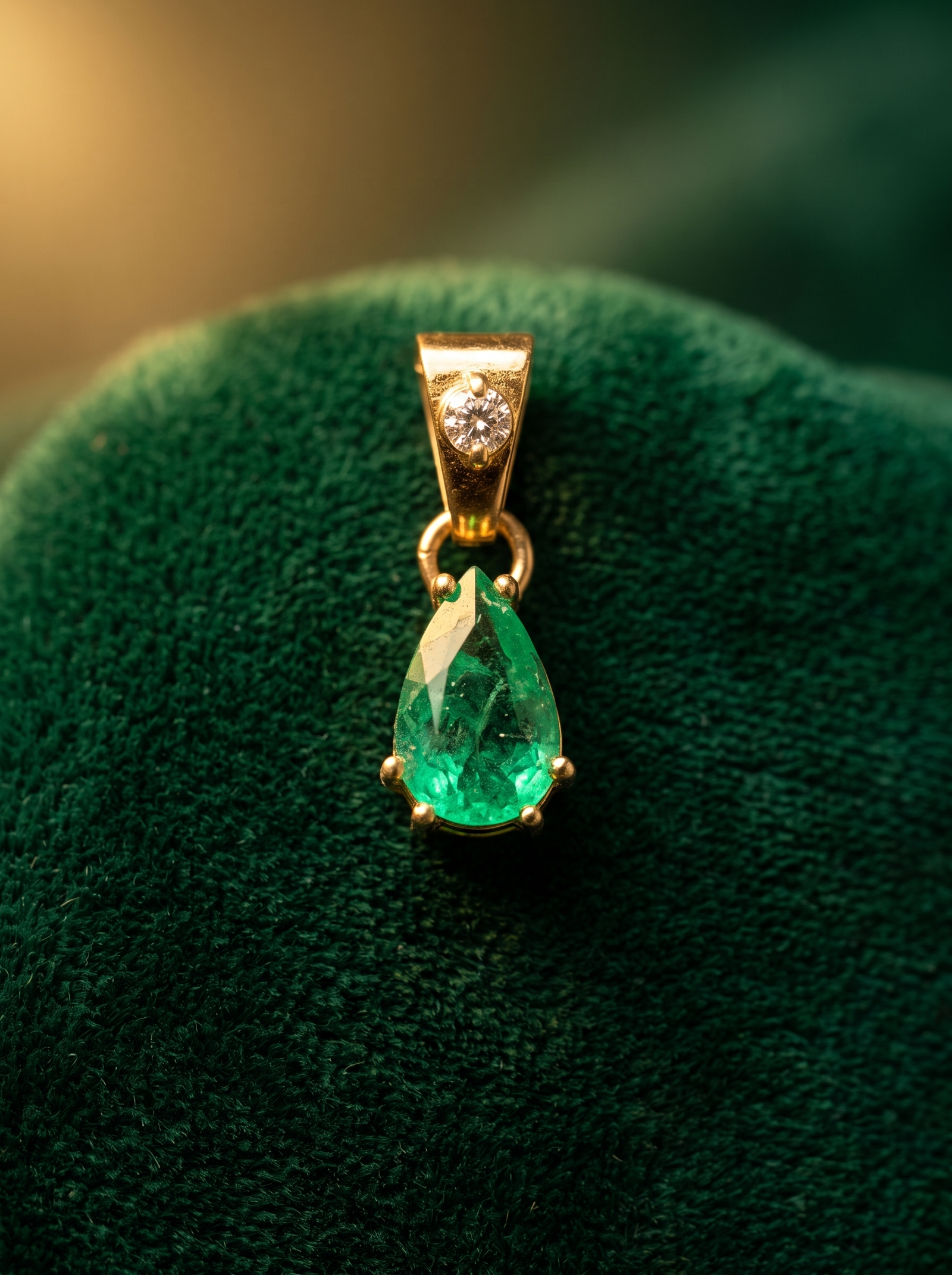 Dije gota con esmeralda colombiana y diamante en oro 18k sobre terciopelo verde