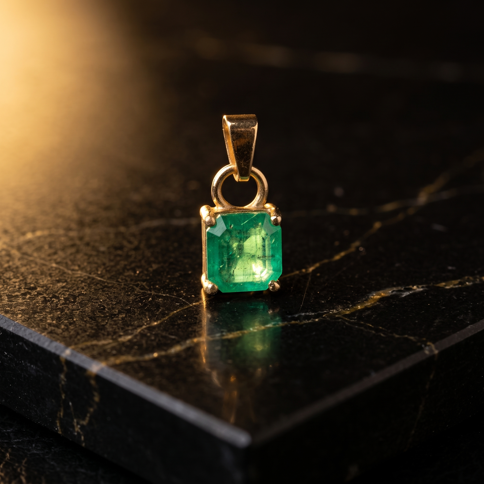 Dije solitario con esmeralda colombiana cuadrada en oro 18k sobre mármol negro